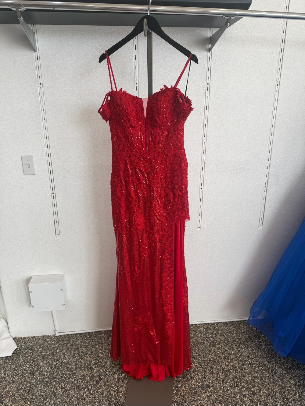 Red Sequin Embellished Spaghetti Strap Evening Gown High Slit